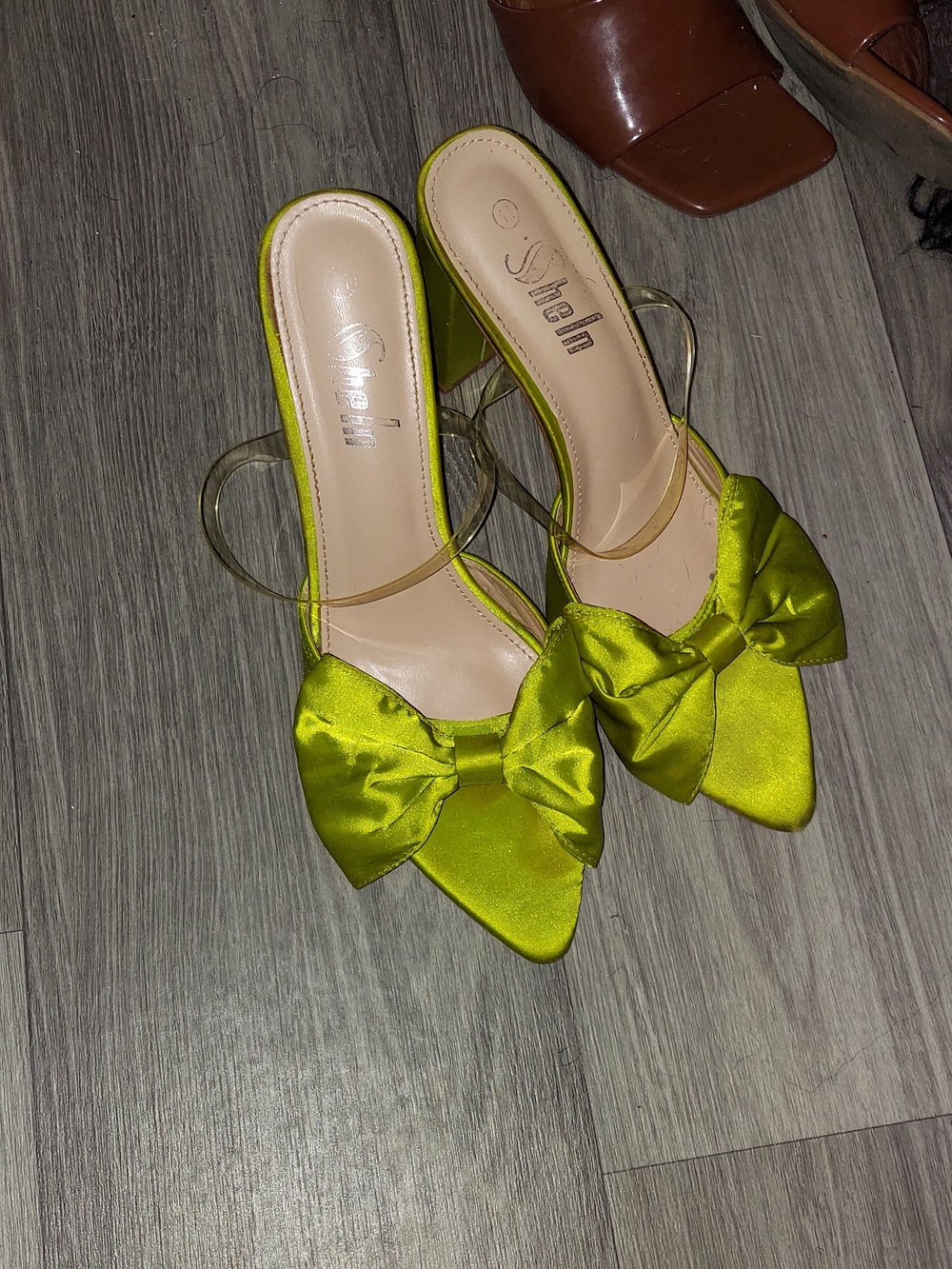 SHEIN Lime Green Satin Bow Pointed-Toe Slide Sandals